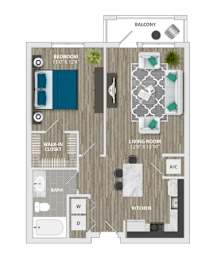 A floor plan of a small apartment with a bedroom, living room, kitchen, and bathroom.