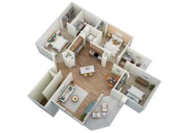 A top down view of a small apartment with a kitchen, living room, and bedroom.