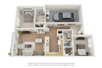 A 3D rendered image of a small apartment layout.