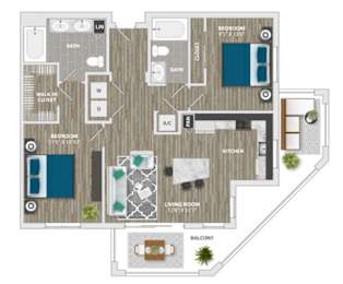 A floor plan of an apartment with a living room, kitchen, and two bedrooms.