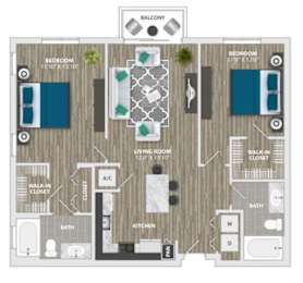 A floor plan of a house with a balcony, living room, kitchen, two bathrooms, and two bedrooms.