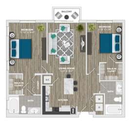 A floor plan of a house with a balcony, two bedrooms, a living room, a kitchen, a bathroom, and a walk-in closet.