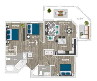 A floor plan of a house with a balcony, living room, dining room, kitchen, and four bedrooms.