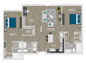 A floor plan of an apartment with two bedrooms, a living room, a kitchen, and two bathrooms.