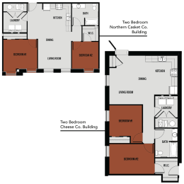 the two-bed, one-bath floor plans at Brooke Street Lofts in the Casket and Cheese buildings