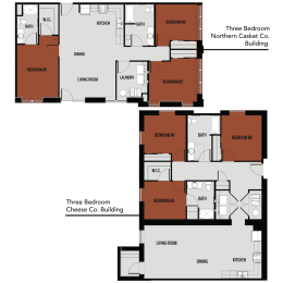 the three-bed, two-bath floor plans at Brooke Street Lofts in the Casket and Cheese buildings