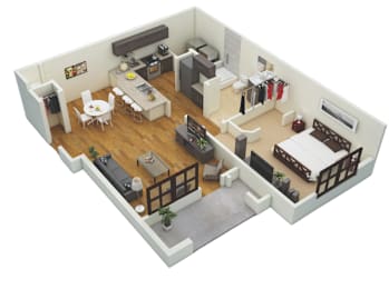 A 3D rendered image of a modern apartment layout.