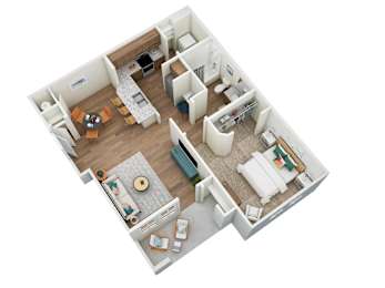 A top down view of a small apartment with a living room, kitchen, and bedroom.