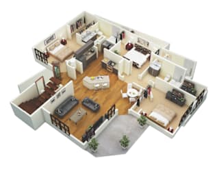 A 3D image of a house layout with a living room, dining room, kitchen, and bedrooms.