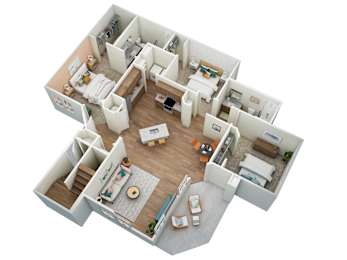 A 3D floor plan of a house with multiple rooms.