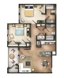 A detailed 3D floor plan of a house layout.
