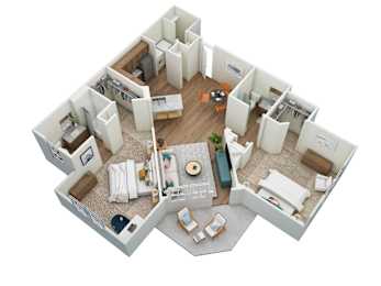 A 3D floor plan of a house with a kitchen, living room, and bedrooms.