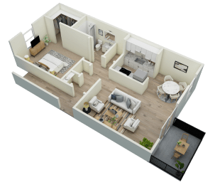 a 3d floor plan of a bedroom and living room