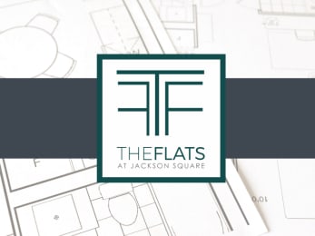 Architectural blueprint under logo for The flats at Jackson square