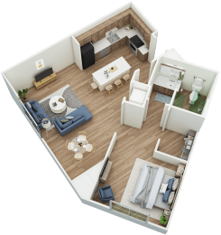 Large 1-bed, 1-bath 3D floor plan at Greenlawn Manor Apartments in New Smyrna Beach, FL