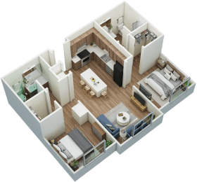 2-bed, 2-bath 3D floor plan at Greenlawn Manor Apartments in New Smyrna Beach, FL
