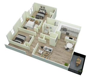 a 3d floor plan of a bedroom and living room
