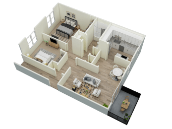 a 3d floor plan of a bedroom with a bed and a living room