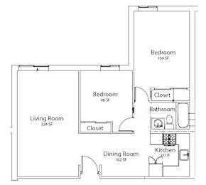 Floor Plan  A floor plan of a home with a living room, dining room, kitchen, and two bedrooms.
