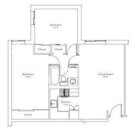Floor Plan  A floor plan of a small apartment with two bedrooms, a living room, and a kitchen.