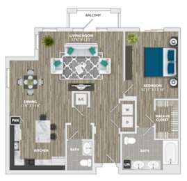 A floor plan of a house with a living room, dining room, kitchen, and two bathrooms.