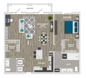 A floor plan of an apartment with a balcony, open concept living and dining area, and a bedroom.