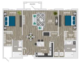 A floor plan of an apartment with a living room, kitchen, and two bedrooms.