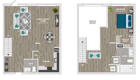 A floor plan of a two-bedroom apartment with an open concept living area.