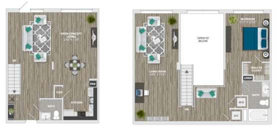 Two images of a floor plan for a house with a kitchen, living room, and bathroom.