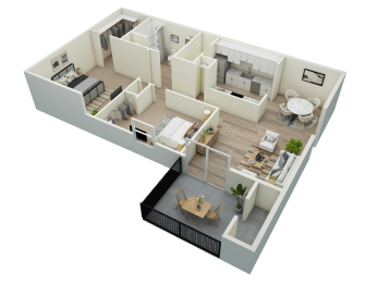 a 3d floor plan of a bedroom and living room