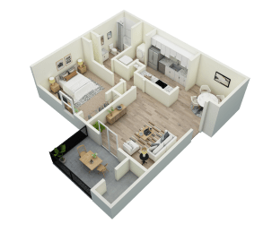 an illustration of a 3d floor plan of a bedroom and living room