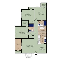 3x2 1227 square foot apartment floor plan at Stillwater at Grandview Cove, Simpsonville, 29680