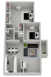 2-bedroom, 1-bathroom 945 square foot floor plan at The Onyx Hoover Apartments