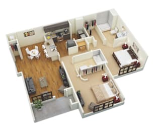A 3D model of a house with a living room, dining room, kitchen, and bedrooms.