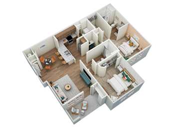 A 3D floor plan of a house with a kitchen, living room, and bedrooms.