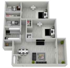 2-bedroom, 2-bathroom 1170 square foot floor plan at The Onyx Hoover Apartments