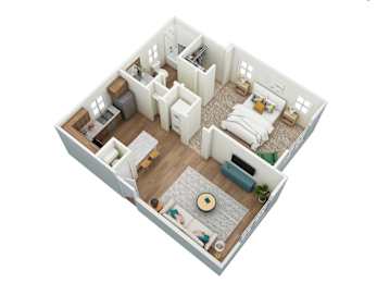 A top-down view of a small apartment with a bedroom, living room, and kitchen.
