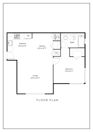 A floor plan of a living space with a kitchen, dining area, bathroom, and bedroom.