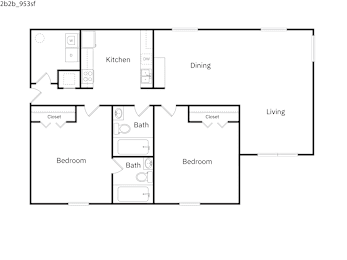 A floor plan of a house with a kitchen, dining room, living room, and two bedrooms.