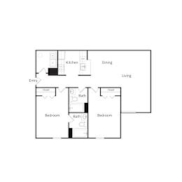 A floor plan of a house with a kitchen, dining and living room.