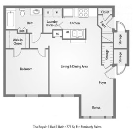 The Royal 1 Bedroom 1 Bathroom Floor Plan