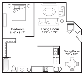 One Bedroom One Bathroom Studio Floor Plan