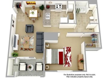 One bedroom one bathroom 747 sqft Floor Plan at The Landings at Markhams Grant Apartments, Virginia, 22191