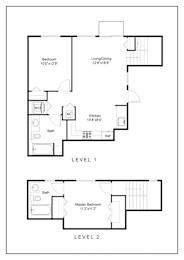 A floor plan of a two level home with a living room, dining room, kitchen, and bathrooms.