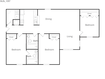 A floor plan of a house with a dining area, living room, and three bedrooms.