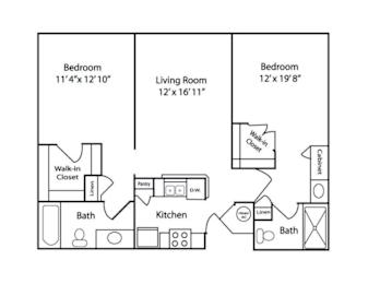 A floor plan of a home with three bedrooms, a living room, a kitchen, two bathrooms, a pantry, a walk-in closet, and a linen closet.