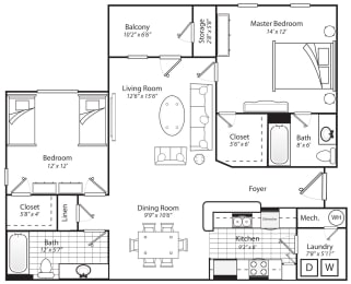 Two Bedroom Two Bath 1175 Square Feet