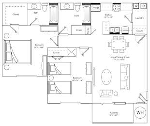 Two Bedroom Two Bath 895 Square Feet
