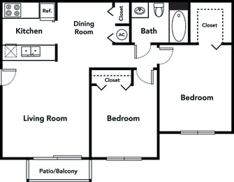 2 Bedroom 1 Bathroom Floor Plan 761 square feet