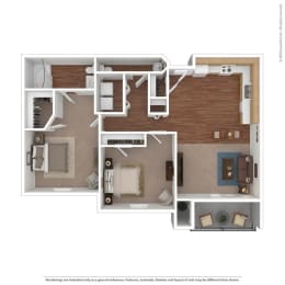 Two bedroom apartment 3D floor plan at Rose Cove Homes Apartments, Farmington, UT